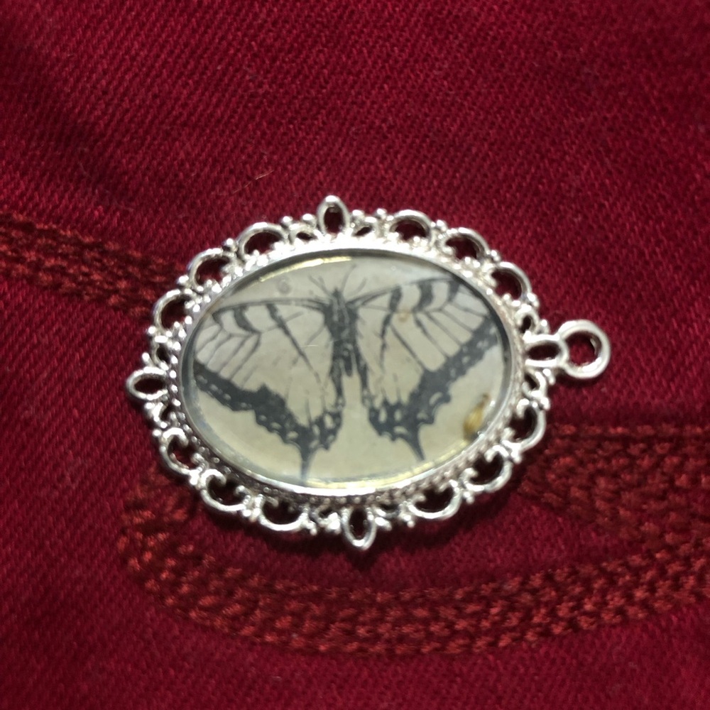 Silver Filigree Butterfly Pendant Necklace in Black and Cream